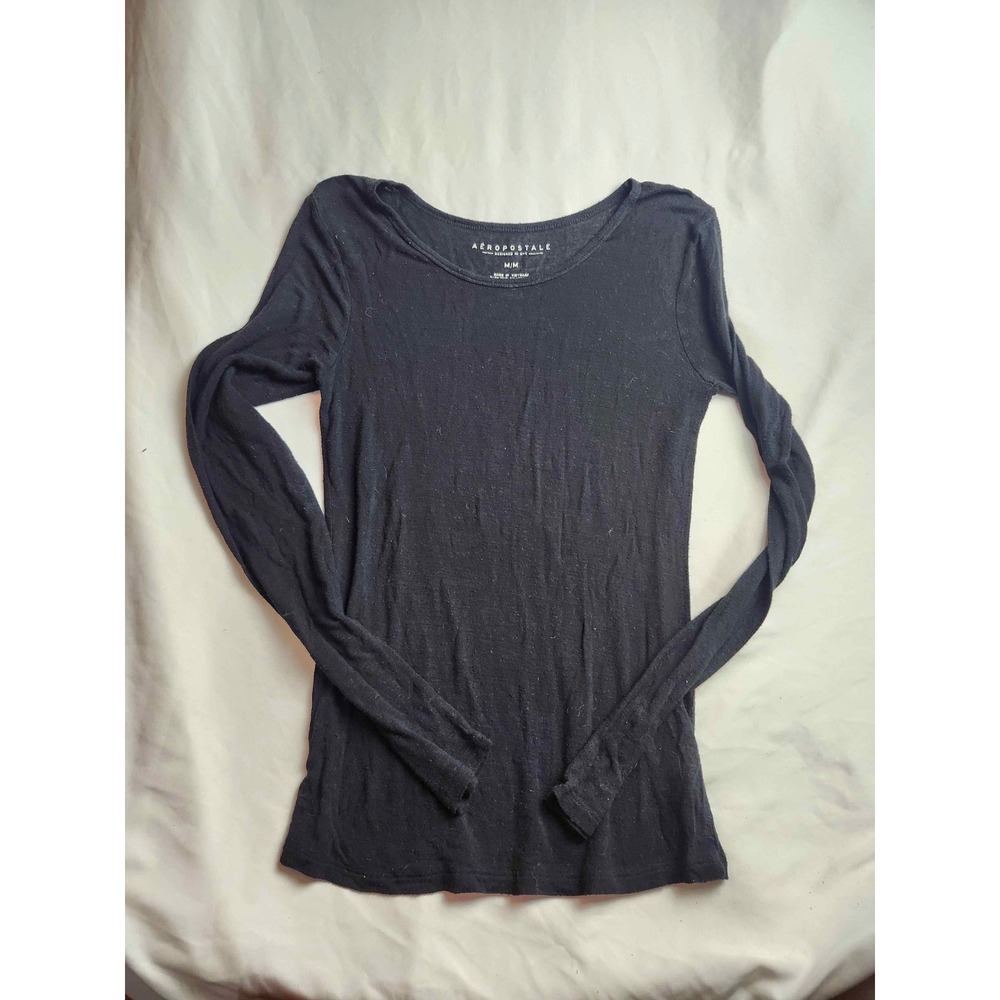 Aeropostale Womens Ribbed Long Sleeve Scoop Neck Top Black Size Medium